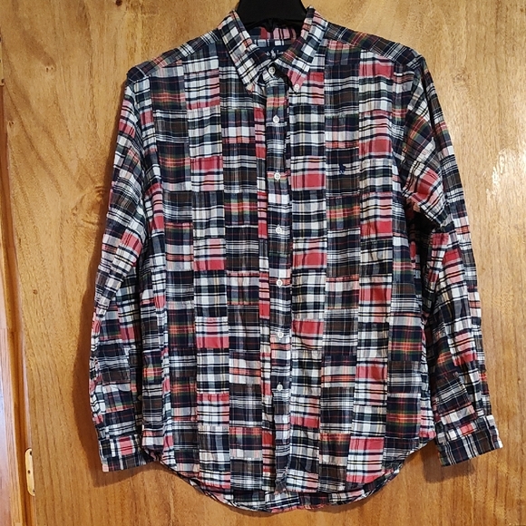 Vtg Ralph Lauren Mens Patchwork Madras Plaid Button Shirt Classic Fit Cotton L